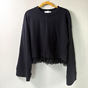Guest Editor Pullover Sweatshirt Top Size‎ L Black Lace Hem Wide Sleeve Cuff